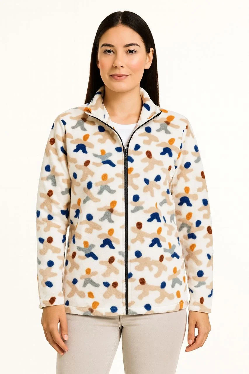 Kadın Tam Fermuarlı Desenli Polar Sweat – Siyah Multicolor Figür Desen Yakalı, Uzun Kollu, Oversize Rahat Kalıp - Varsayılan