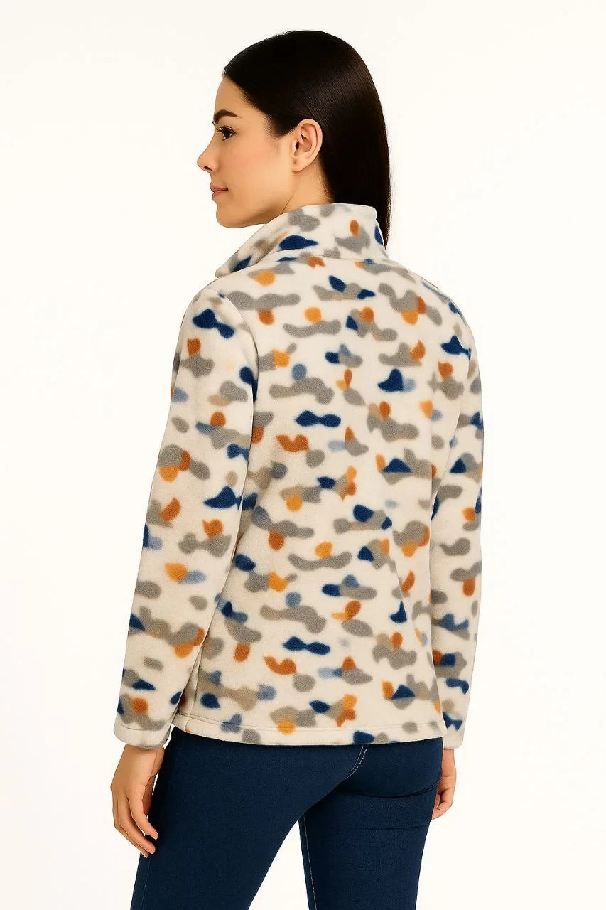 Kadın Tam Fermuarlı Desenli Polar Sweat – Siyah Multicolor Figür Desen Yakalı, Uzun Kollu, Oversize Rahat Kalıp - Varsayılan