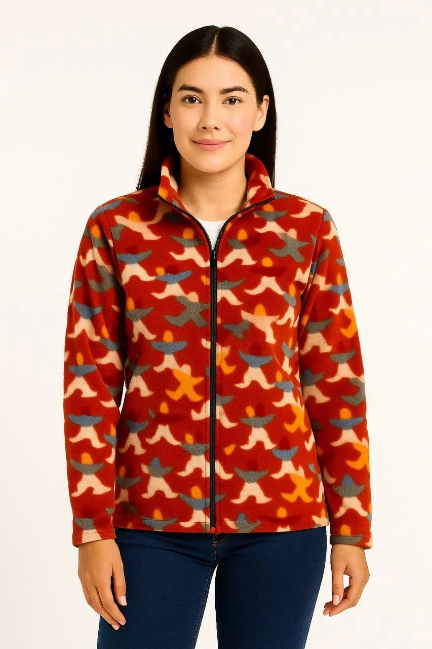 Kadın Tam Fermuarlı Desenli Polar Sweat – Siyah Multicolor Figür Desen Yakalı, Uzun Kollu, Oversize Rahat Kalıp - Varsayılan