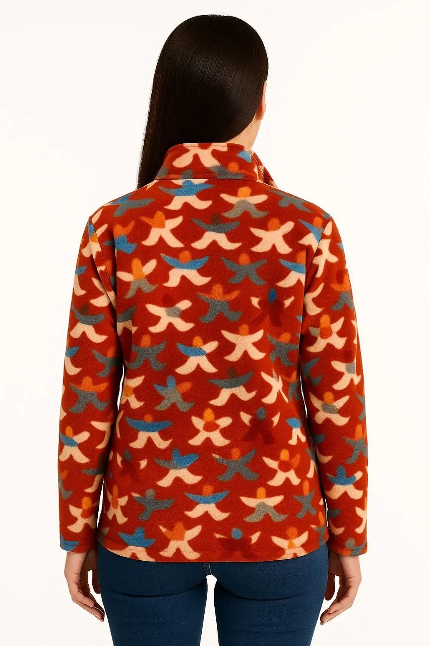 Kadın Tam Fermuarlı Desenli Polar Sweat – Siyah Multicolor Figür Desen Yakalı, Uzun Kollu, Oversize Rahat Kalıp - Varsayılan