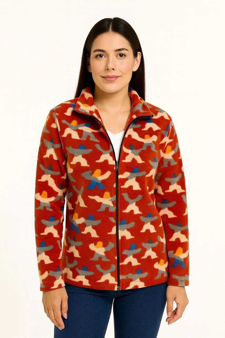 Kadın Tam Fermuarlı Desenli Polar Sweat – Siyah Multicolor Figür Desen Yakalı, Uzun Kollu, Oversize Rahat Kalıp - Varsayılan