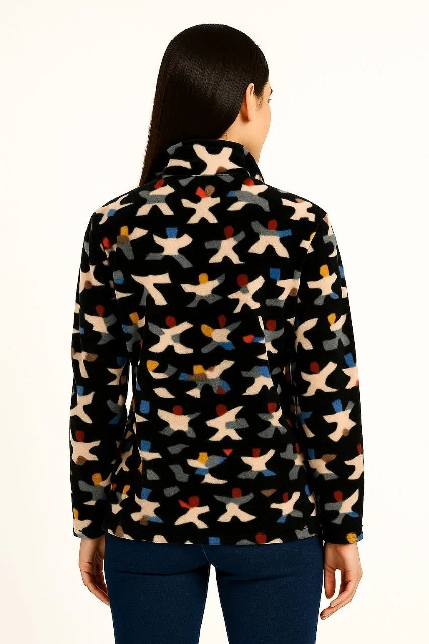 Kadın Tam Fermuarlı Desenli Polar Sweat – Siyah Multicolor Figür Desen Yakalı, Uzun Kollu, Oversize Rahat Kalıp - Varsayılan