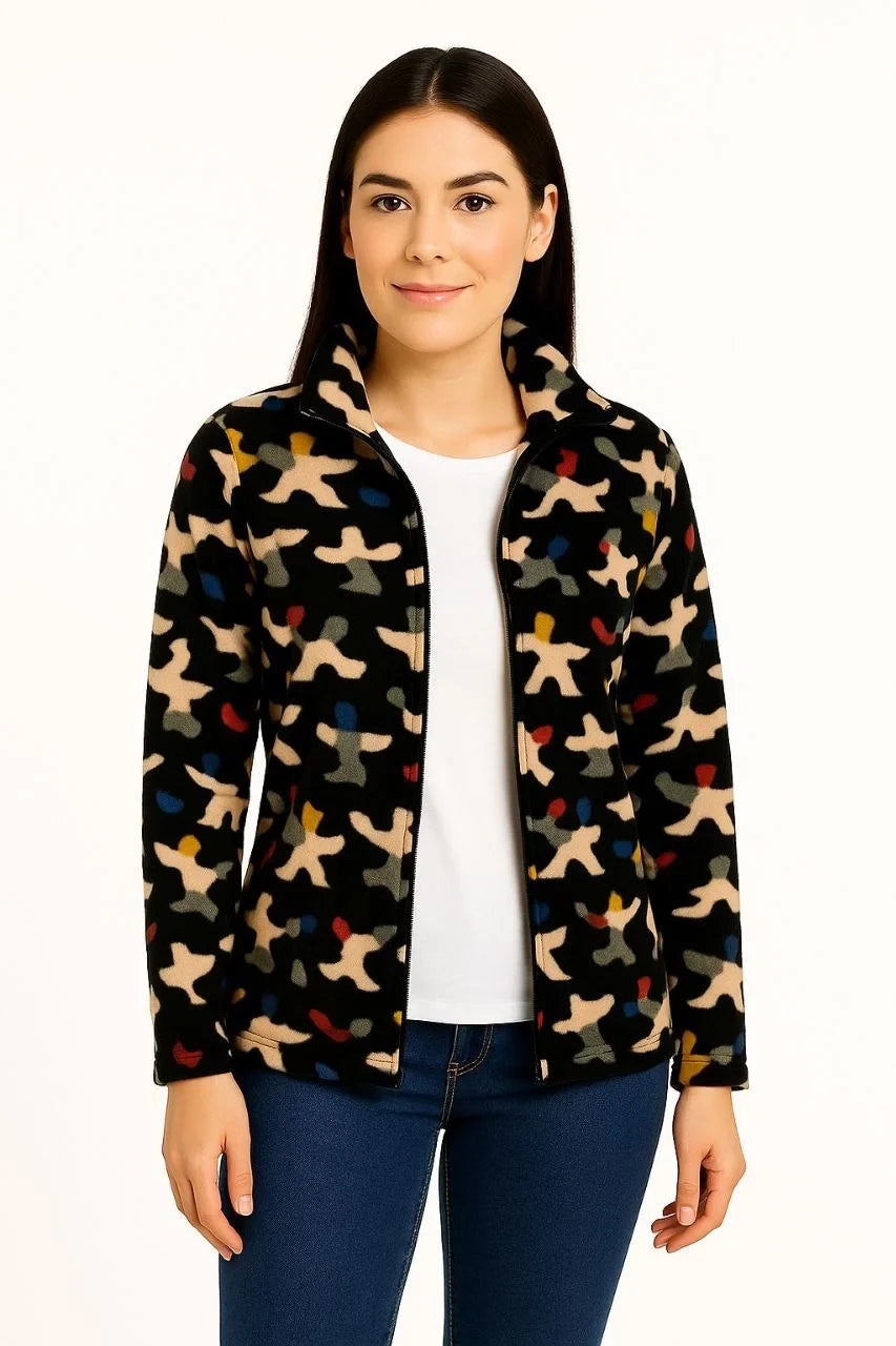 Kadın Tam Fermuarlı Desenli Polar Sweat – Siyah Multicolor Figür Desen Yakalı, Uzun Kollu, Oversize Rahat Kalıp - Varsayılan