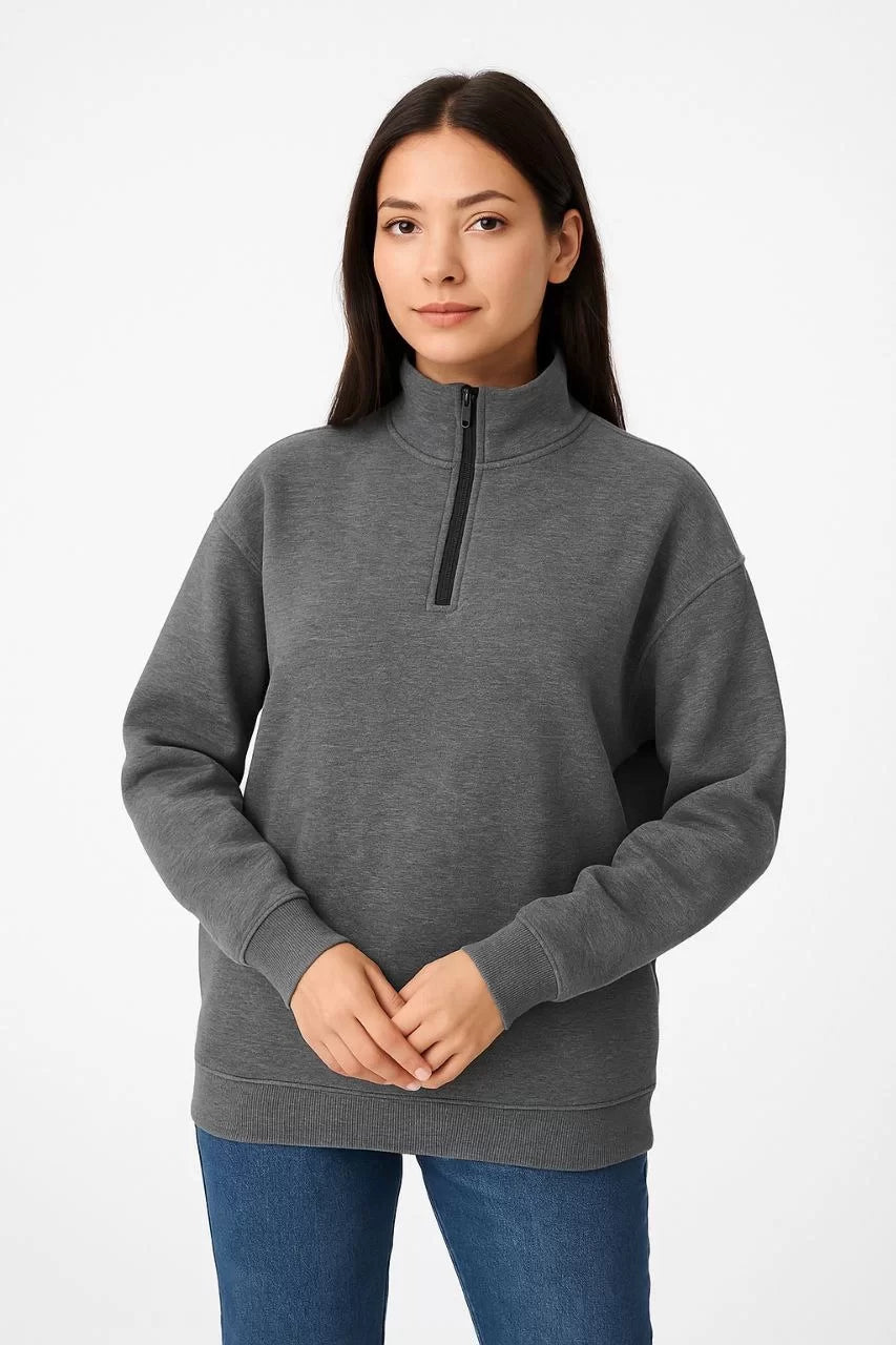 Kadın Üç İplik Dık Yaka Yarım Fermuarlı SweatShirt - Varsayılan