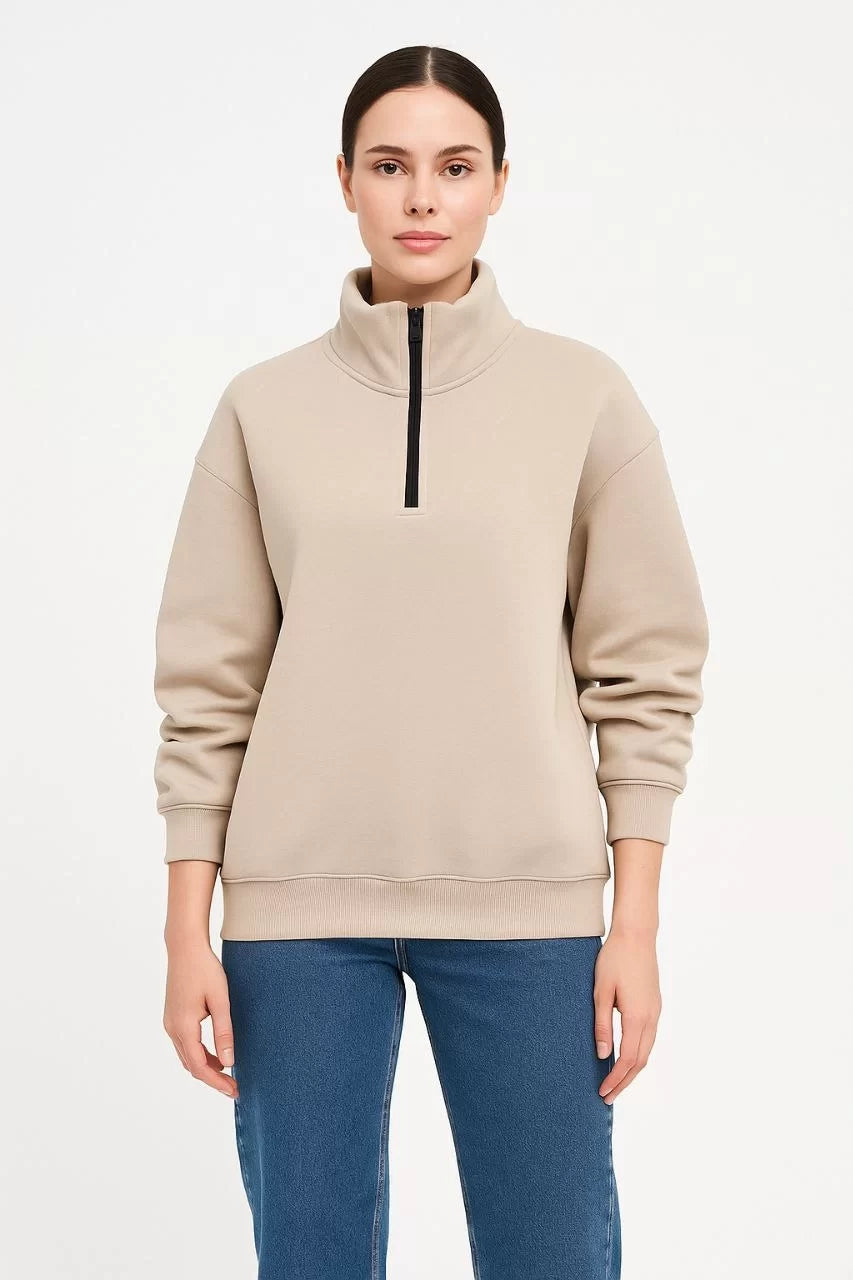 Kadın Üç İplik Dık Yaka Yarım Fermuarlı SweatShirt - Varsayılan