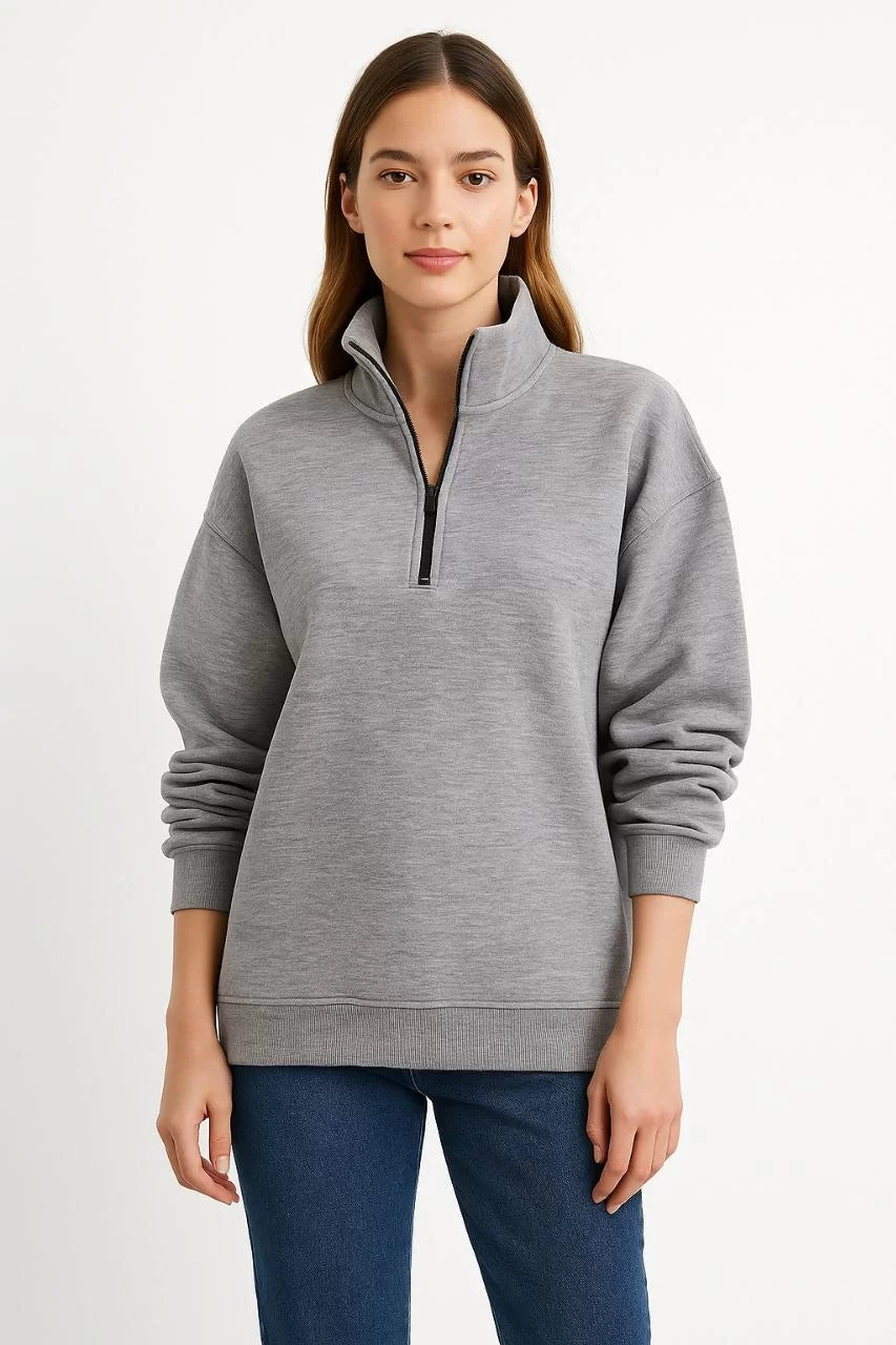 Kadın Üç İplik Dık Yaka Yarım Fermuarlı SweatShirt - Varsayılan