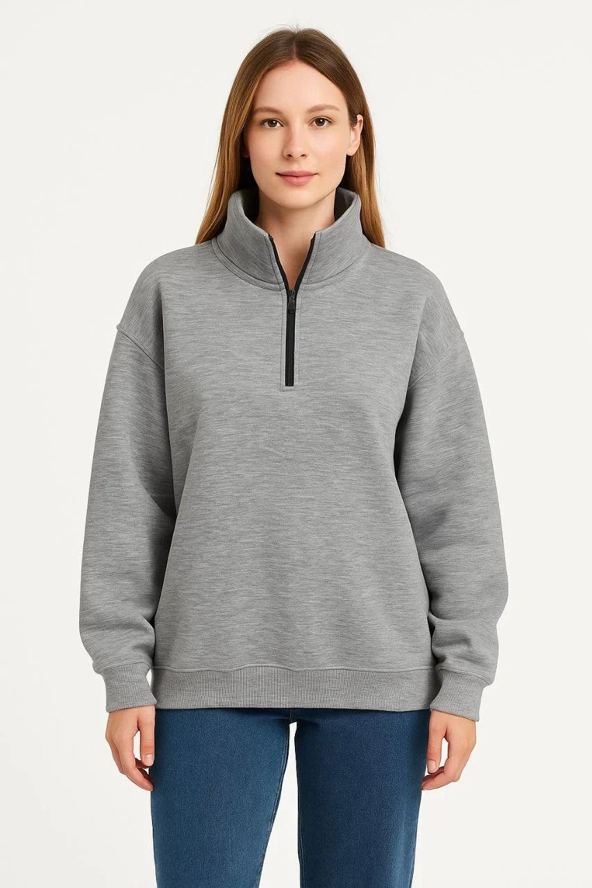 Kadın Üç İplik Dık Yaka Yarım Fermuarlı SweatShirt - Varsayılan