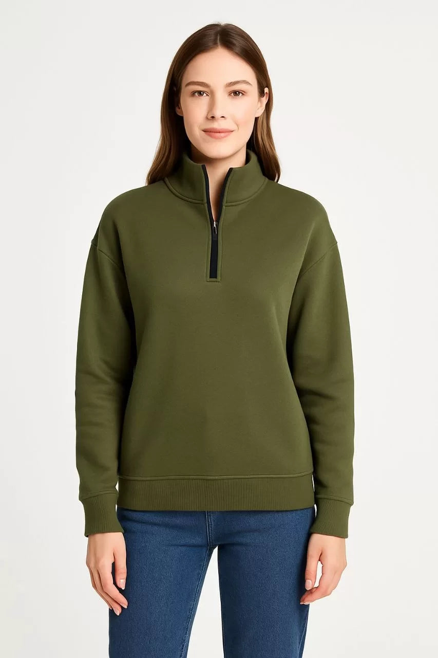 Kadın Üç İplik Dık Yaka Yarım Fermuarlı SweatShirt - Varsayılan