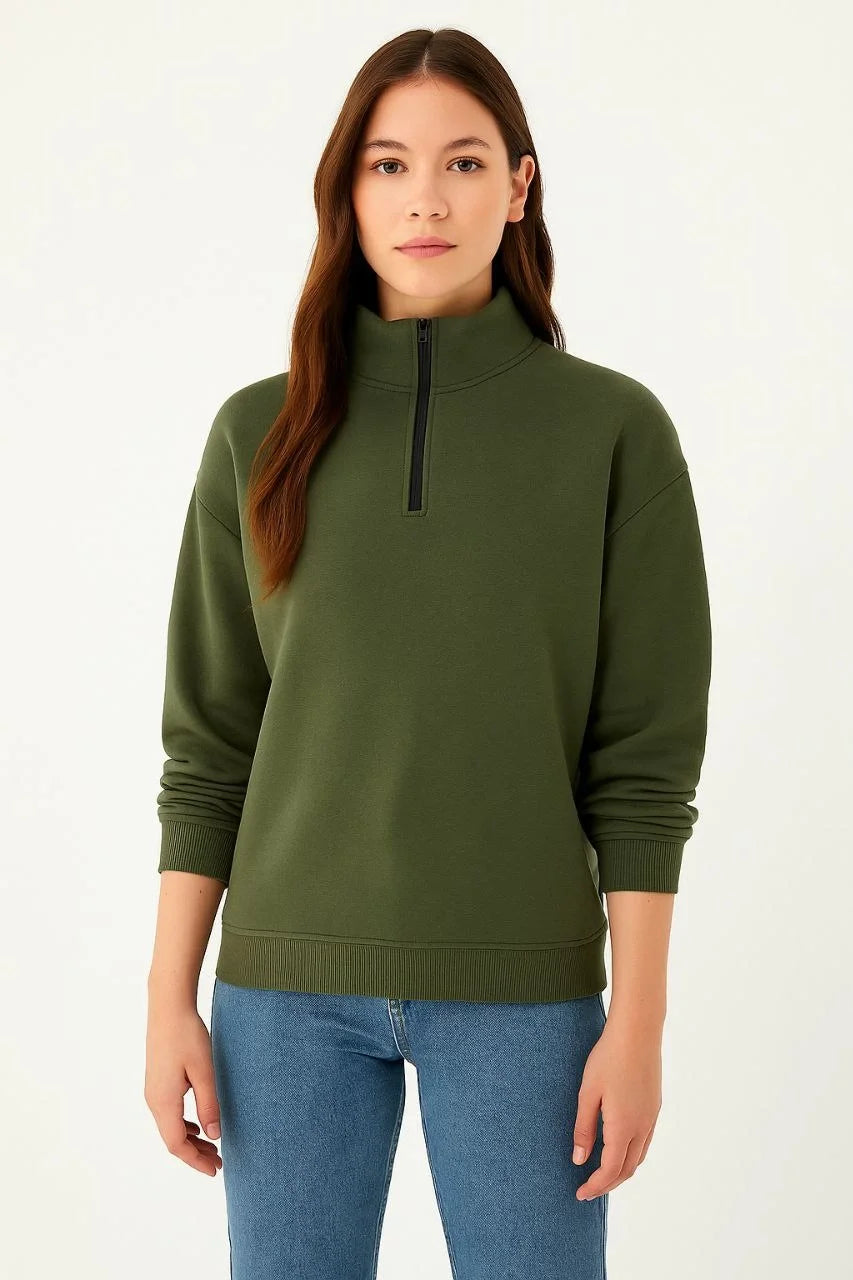 Kadın Üç İplik Dık Yaka Yarım Fermuarlı SweatShirt - Varsayılan