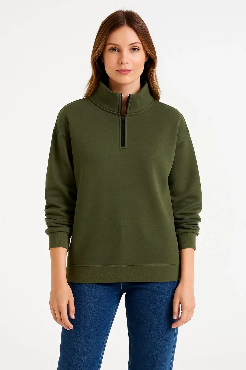 Kadın Üç İplik Dık Yaka Yarım Fermuarlı SweatShirt - Varsayılan