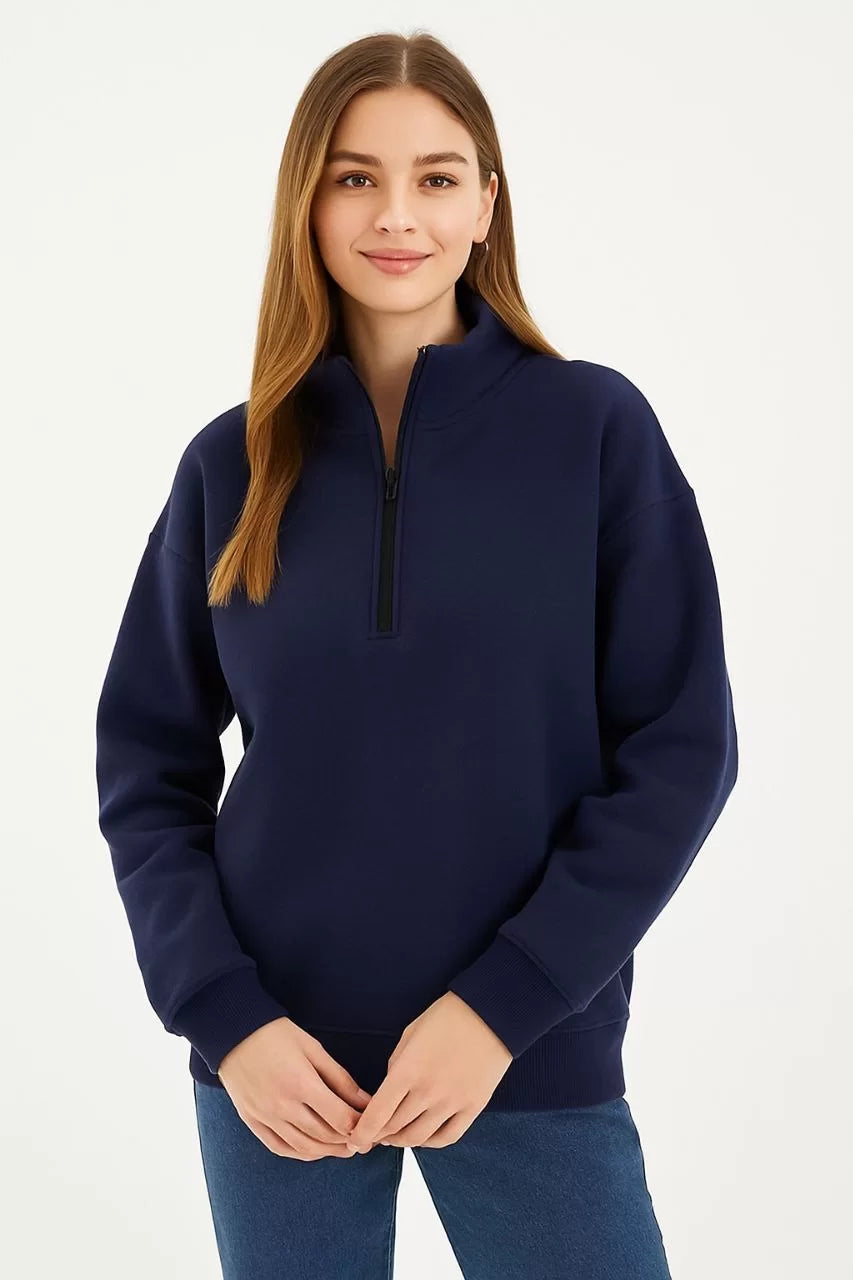 Kadın Üç İplik Dık Yaka Yarım Fermuarlı SweatShirt - Varsayılan