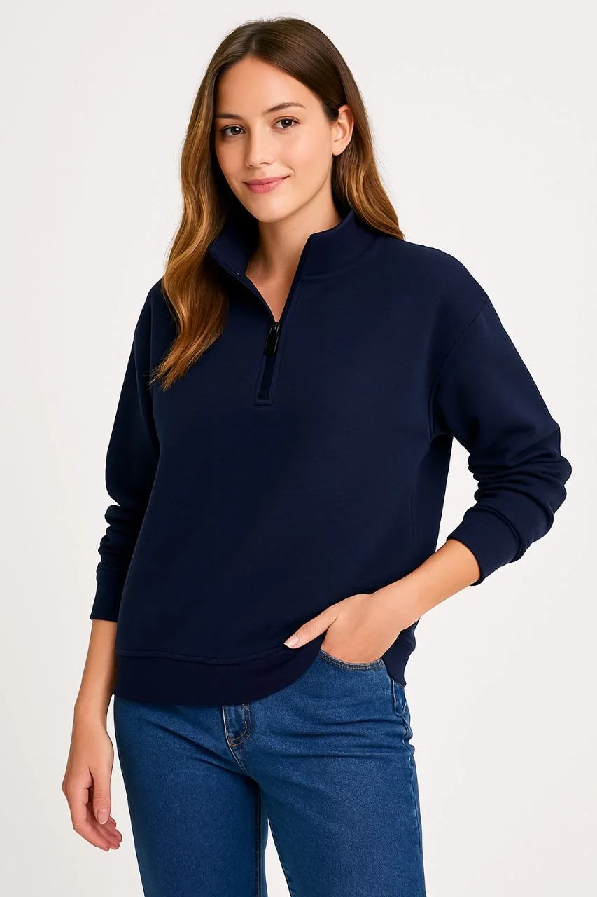 Kadın Üç İplik Dık Yaka Yarım Fermuarlı SweatShirt - Varsayılan