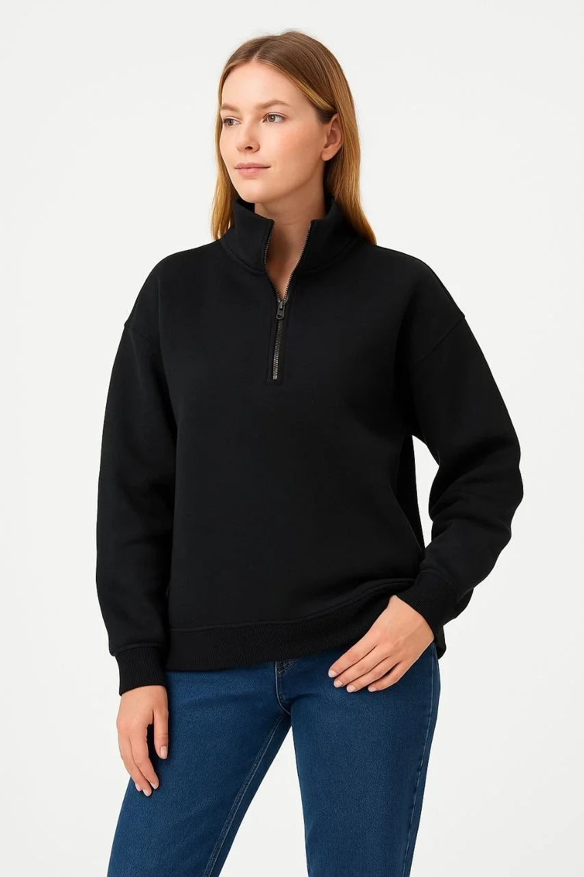 Kadın Üç İplik Dık Yaka Yarım Fermuarlı SweatShirt - Varsayılan