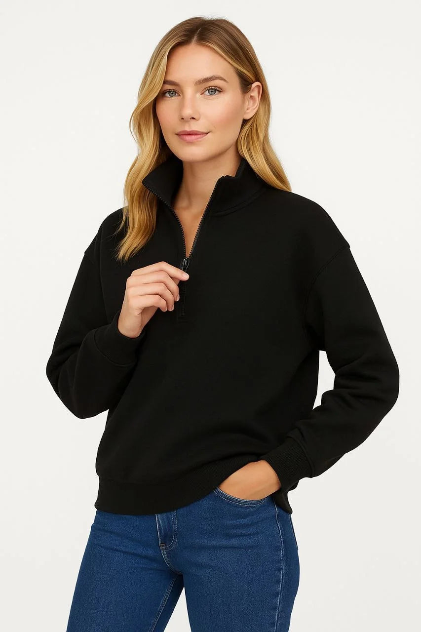 Kadın Üç İplik Dık Yaka Yarım Fermuarlı SweatShirt - Varsayılan