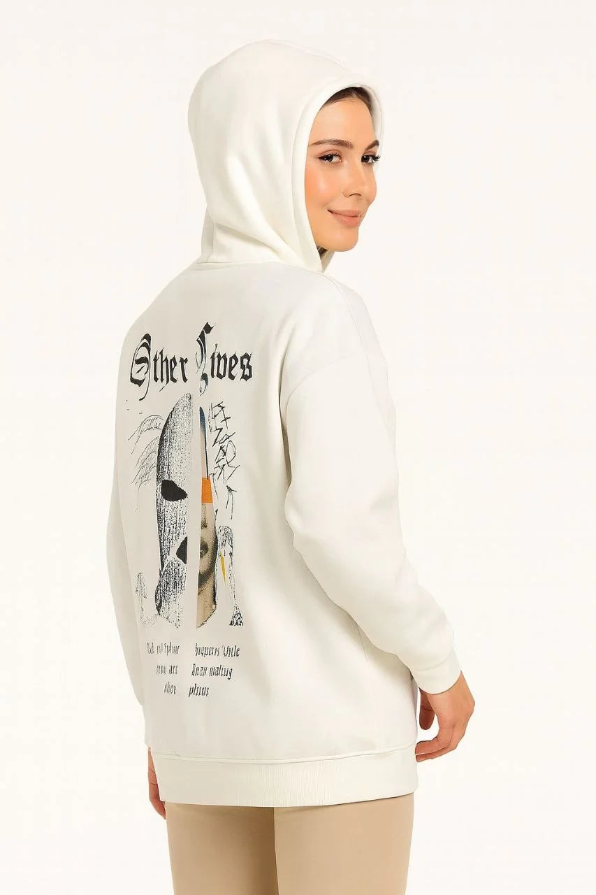 Kadın Kapşonlu Sweatshirt – Oversize Üç İplik Şardonlu Hoodie, “Other Lives” Ön & Arka Baskılı, Kanguru Cepli, Kışlık Rahat Günlük Stil - Varsayılan