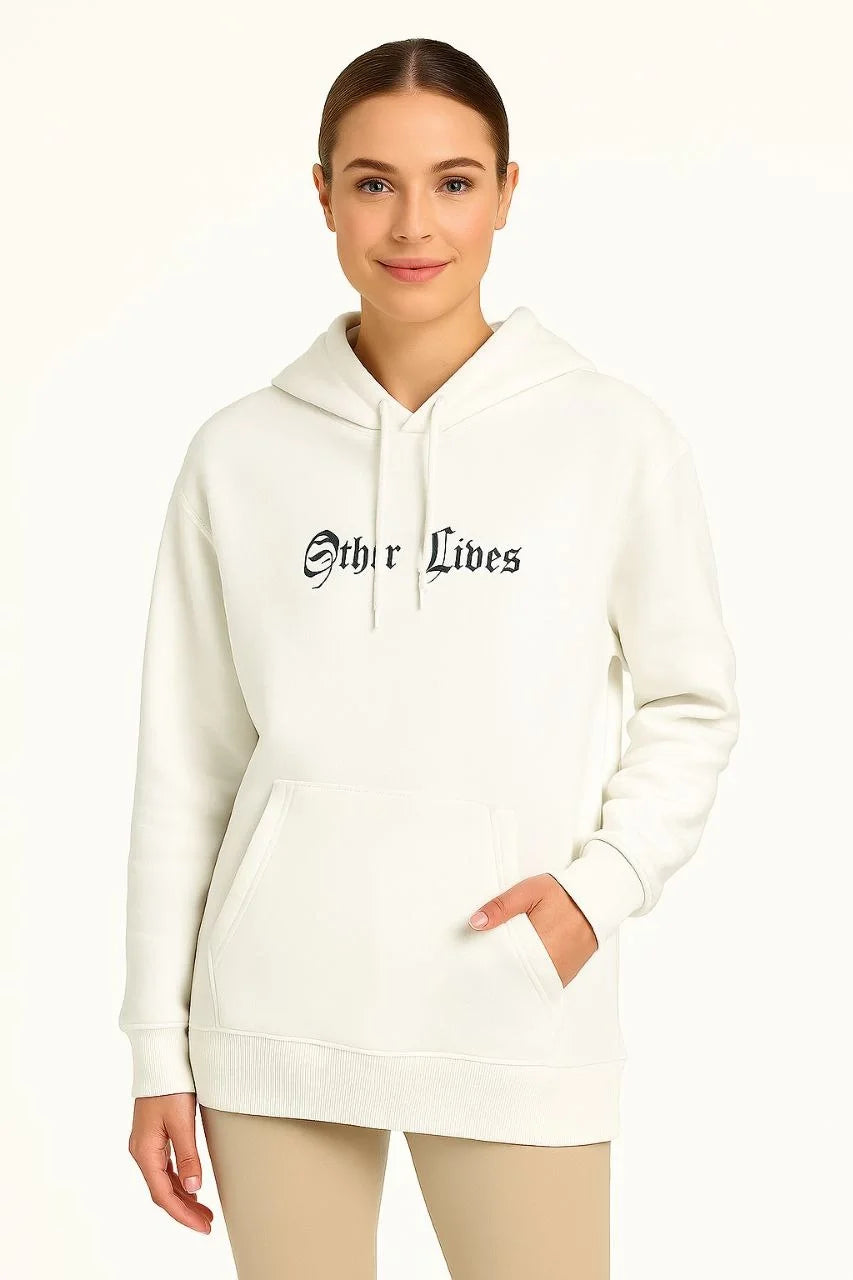 Kadın Kapşonlu Sweatshirt – Oversize Üç İplik Şardonlu Hoodie, “Other Lives” Ön & Arka Baskılı, Kanguru Cepli, Kışlık Rahat Günlük Stil - Varsayılan