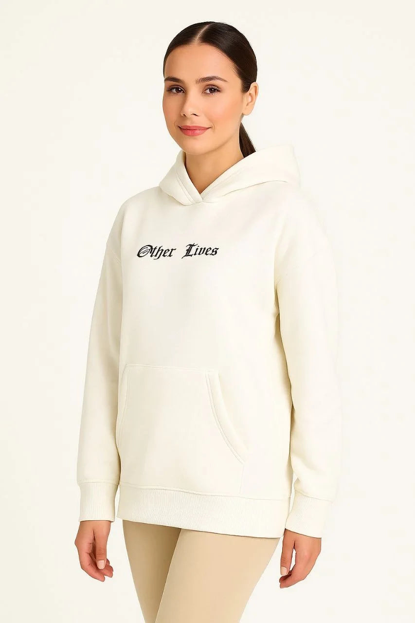 Kadın Kapşonlu Sweatshirt – Oversize Üç İplik Şardonlu Hoodie, “Other Lives” Ön & Arka Baskılı, Kanguru Cepli, Kışlık Rahat Günlük Stil - Varsayılan