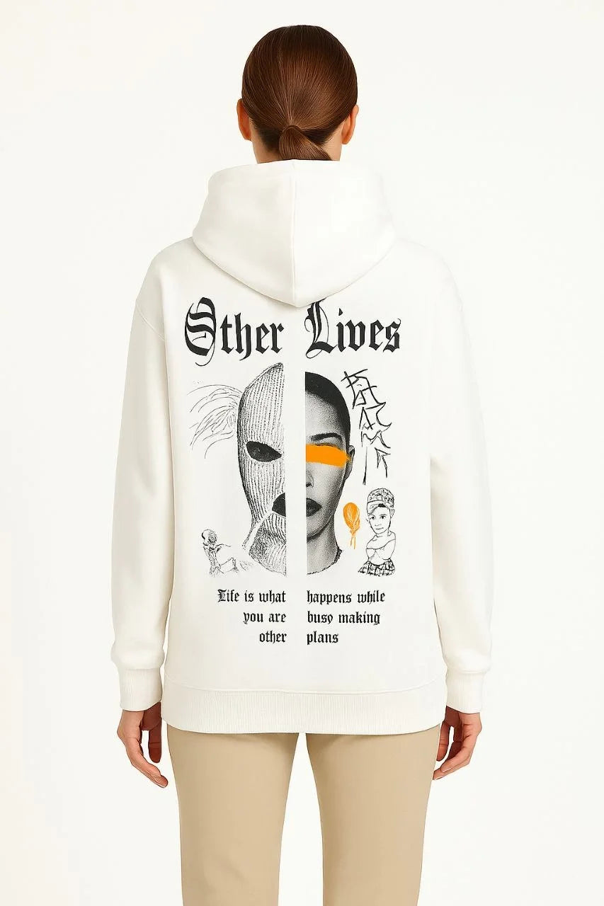 Kadın Kapşonlu Sweatshirt – Oversize Üç İplik Şardonlu Hoodie, “Other Lives” Ön & Arka Baskılı, Kanguru Cepli, Kışlık Rahat Günlük Stil - Varsayılan