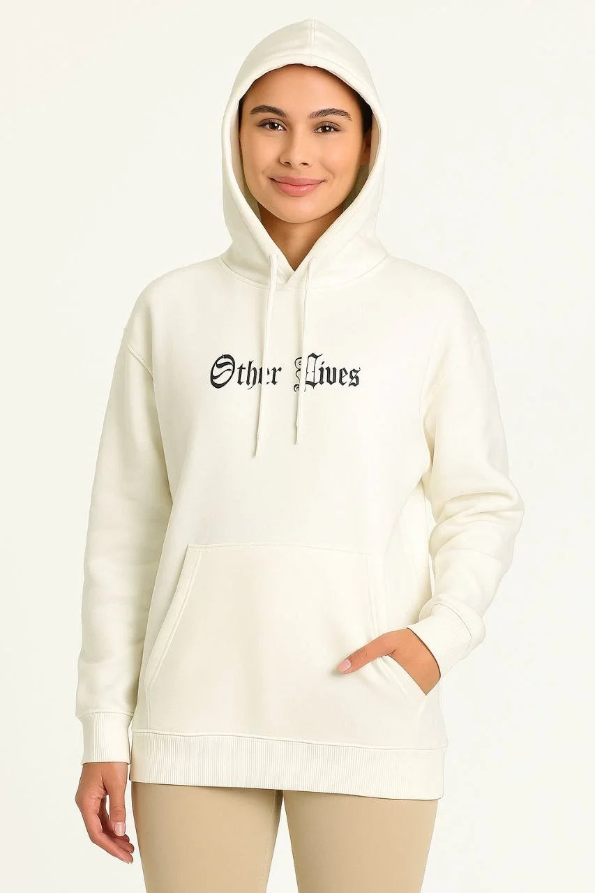 Kadın Kapşonlu Sweatshirt – Oversize Üç İplik Şardonlu Hoodie, “Other Lives” Ön & Arka Baskılı, Kanguru Cepli, Kışlık Rahat Günlük Stil - Varsayılan