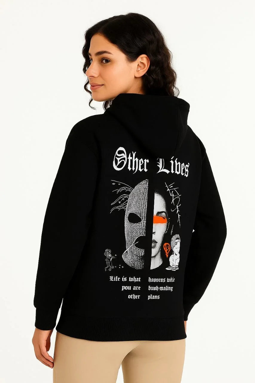 Kadın Kapşonlu Sweatshirt – Oversize Üç İplik Şardonlu Hoodie, “Other Lives” Ön & Arka Baskılı, Kanguru Cepli, Kışlık Rahat Günlük Stil - Varsayılan