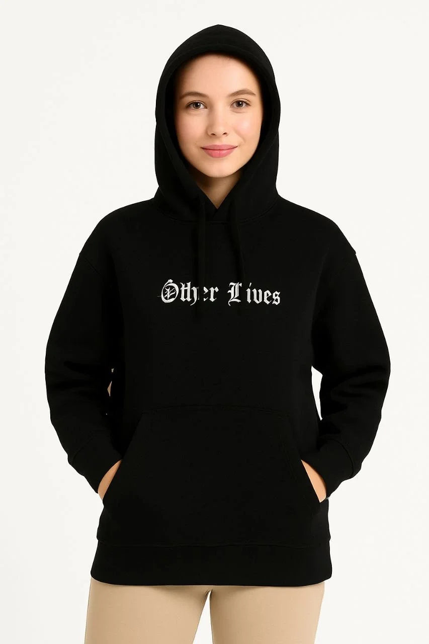 Kadın Kapşonlu Sweatshirt – Oversize Üç İplik Şardonlu Hoodie, “Other Lives” Ön & Arka Baskılı, Kanguru Cepli, Kışlık Rahat Günlük Stil - Varsayılan