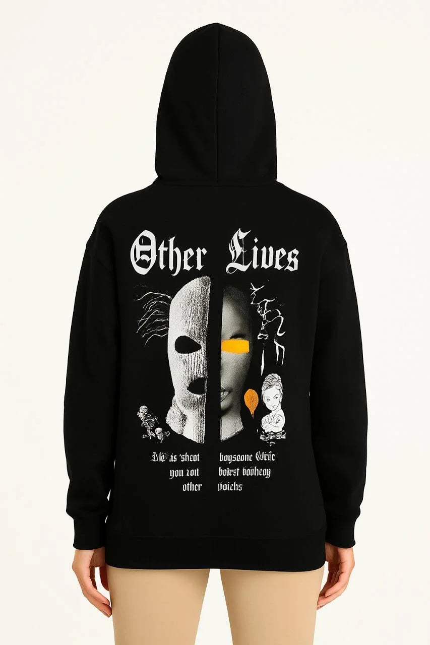 Kadın Kapşonlu Sweatshirt – Oversize Üç İplik Şardonlu Hoodie, “Other Lives” Ön & Arka Baskılı, Kanguru Cepli, Kışlık Rahat Günlük Stil - Varsayılan