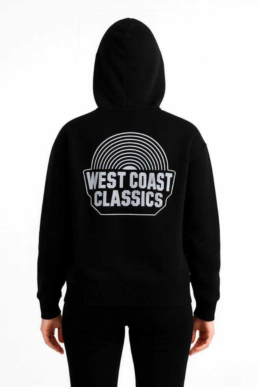 Kadın Kapşonlu Sweatshirt – Oversize Üç İplik Şardonlu Hoodie, “West Coast Classics” Ön & Arka Baskılı, Kanguru Cepli Kışlık Günlük Stil - Varsayılan