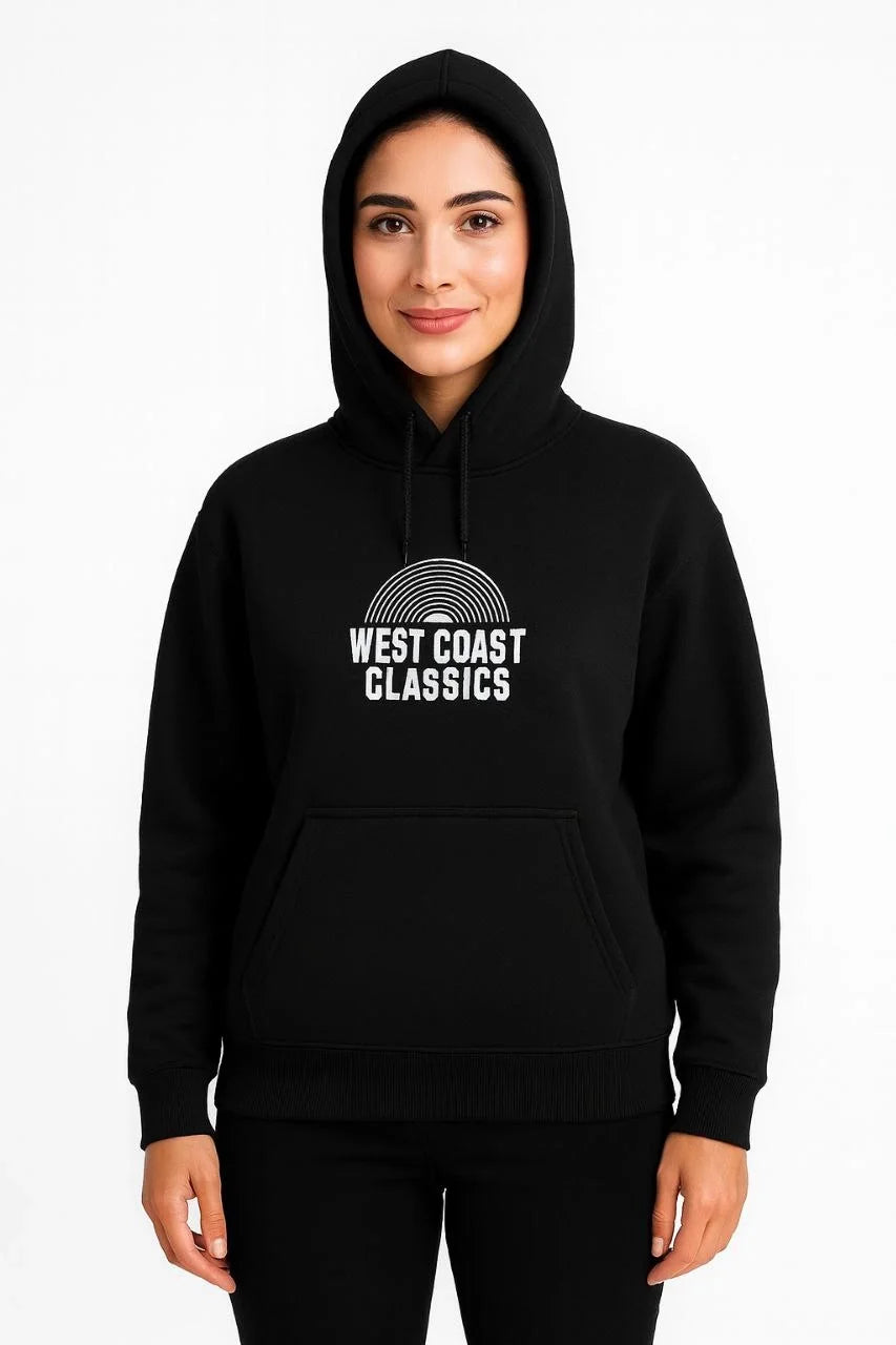 Kadın Kapşonlu Sweatshirt – Oversize Üç İplik Şardonlu Hoodie, “West Coast Classics” Ön & Arka Baskılı, Kanguru Cepli Kışlık Günlük Stil - Varsayılan
