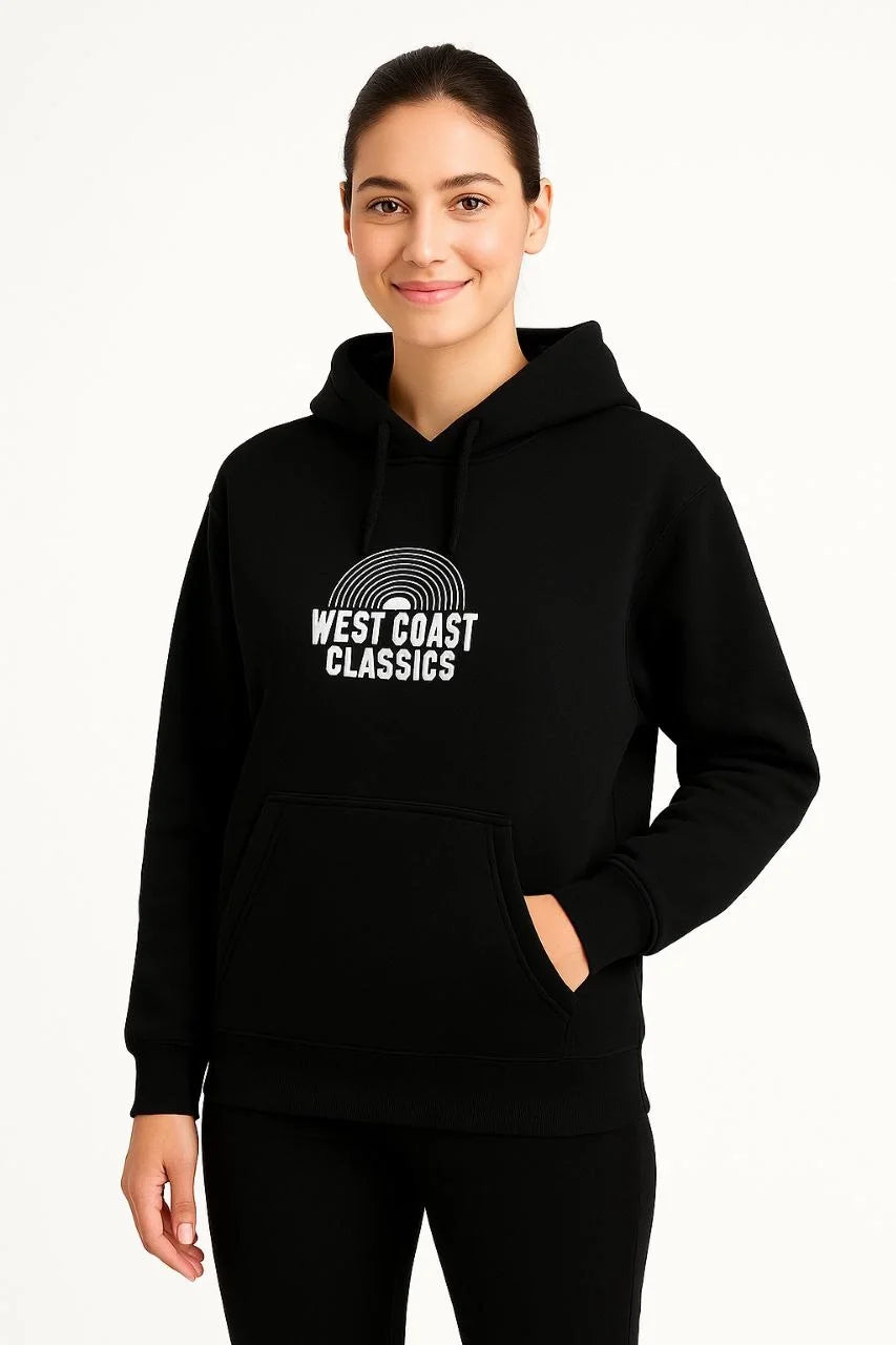 Kadın Kapşonlu Sweatshirt – Oversize Üç İplik Şardonlu Hoodie, “West Coast Classics” Ön & Arka Baskılı, Kanguru Cepli Kışlık Günlük Stil - Varsayılan