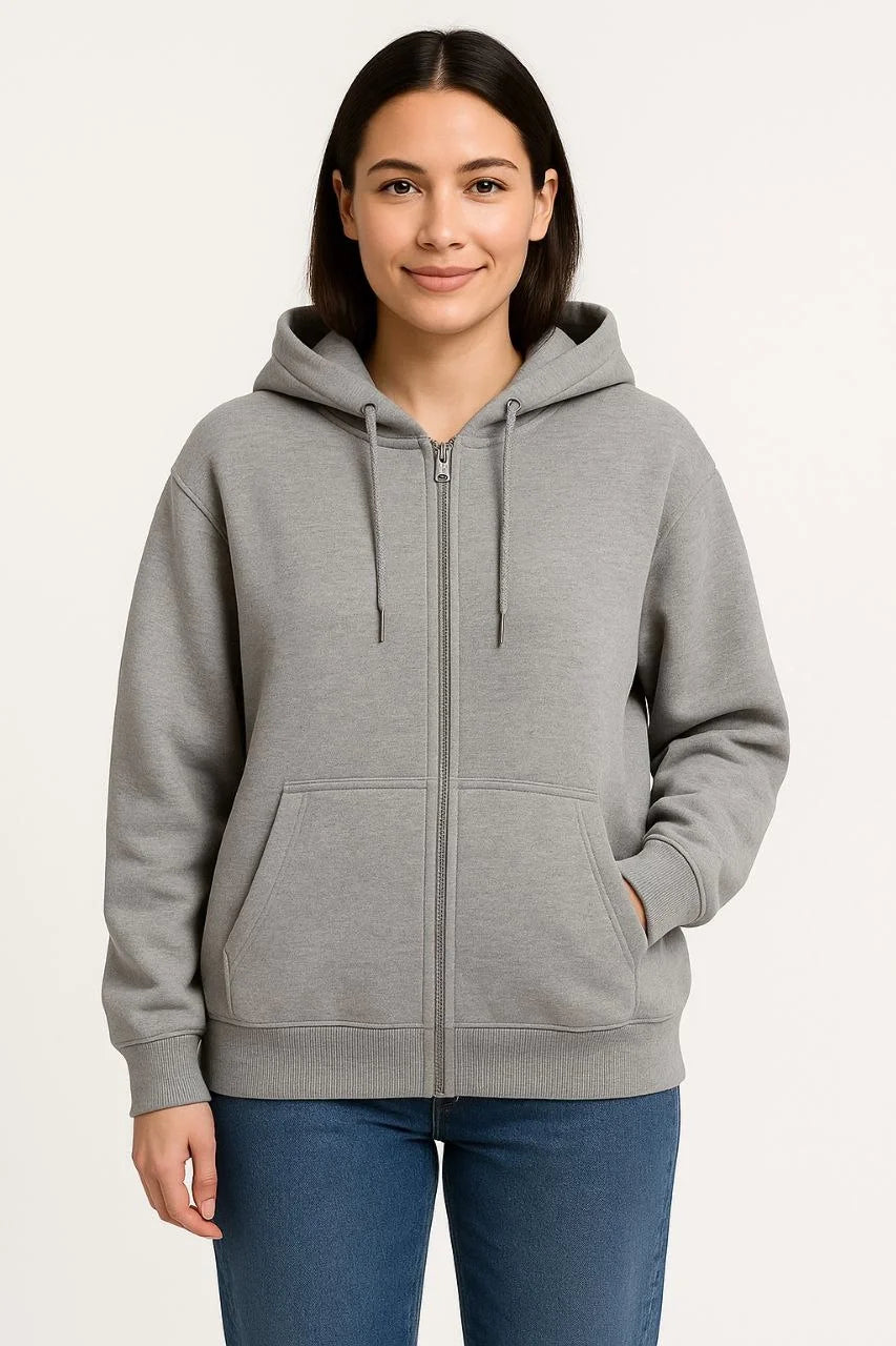 Kadın Üç İplik Kapüşonlu Tam Fermuarlı Kanguru Çepli SweatShirt Hoodie - Varsayılan