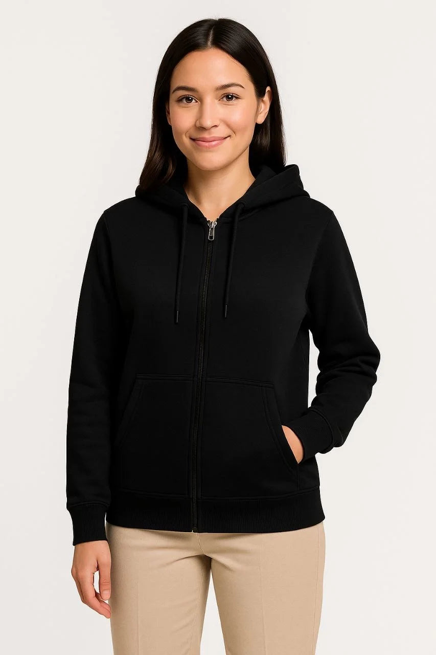 Kadın Üç İplik Kapüşonlu Tam Fermuarlı Kanguru Çepli SweatShirt Hoodie - Varsayılan