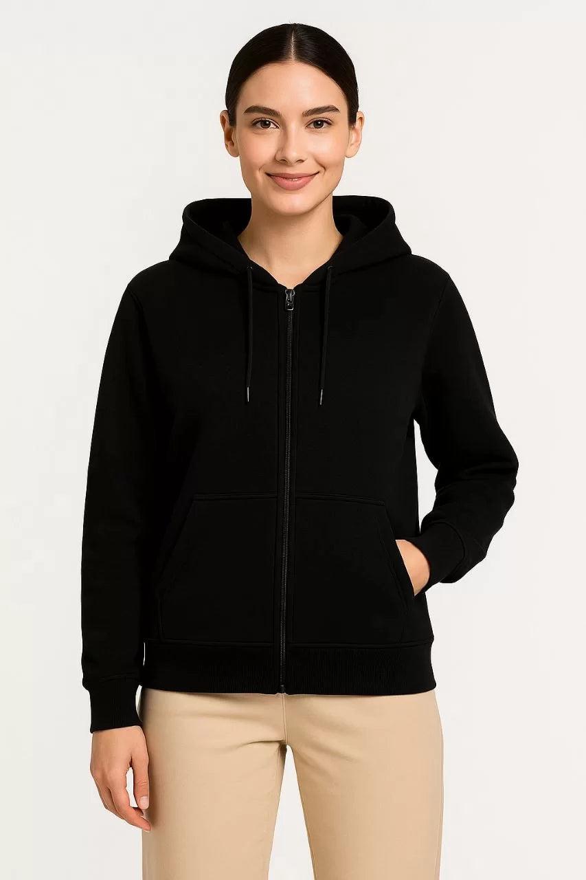 Kadın Üç İplik Kapüşonlu Tam Fermuarlı Kanguru Çepli SweatShirt Hoodie - Varsayılan