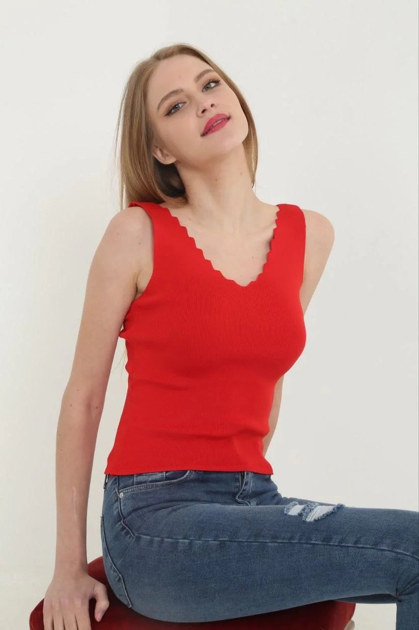 Kadın V Yaka Fırfır Detay Crop - Varsayılan