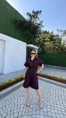 Kadın Yakalı Gömlek Kemerli Şortlu Takım - Varsayılan