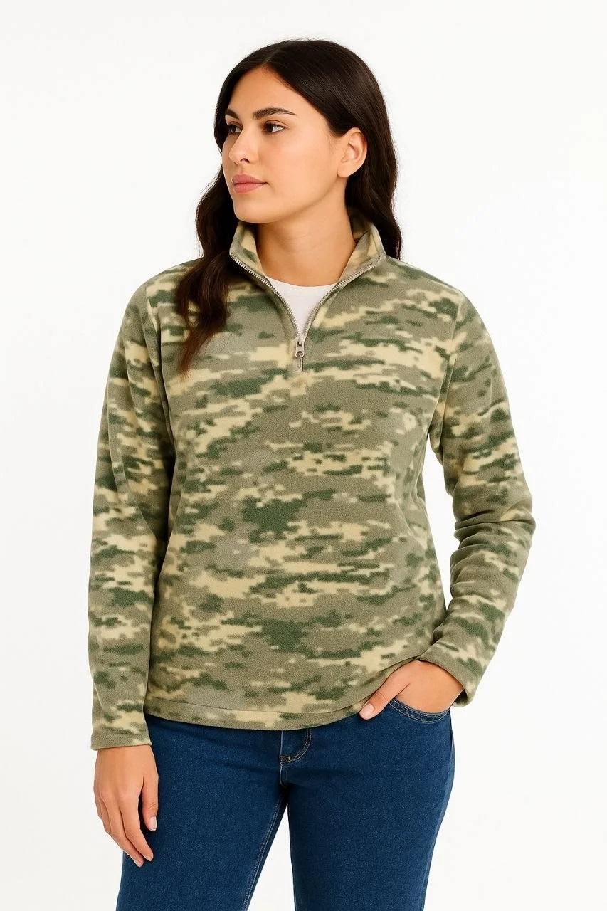 Kadın Yarım Fermuarlı Desenli Polar Sweat – Haki Kamuflaj Yakalı, Uzun Kollu, Oversize Rahat Kalıp - Varsayılan