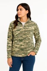 Kadın Yarım Fermuarlı Desenli Polar Sweat – Haki Kamuflaj Yakalı, Uzun Kollu, Oversize Rahat Kalıp - Varsayılan