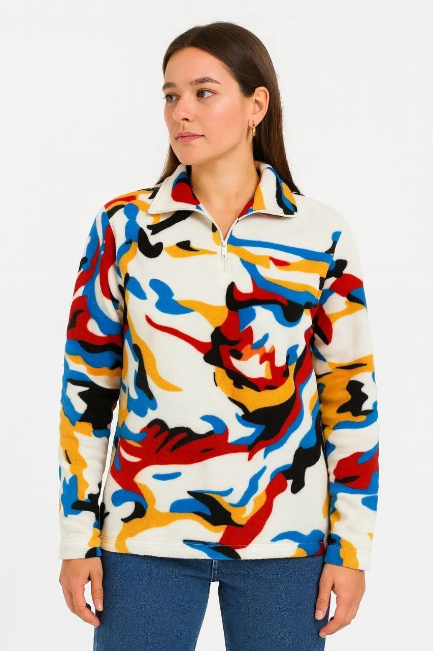 Kadın Yarım Fermuarlı Desenli Polar Sweat – Renkli Abstract Desen Yakalı, Uzun Kollu, Oversize Rahat Kalıp - Varsayılan
