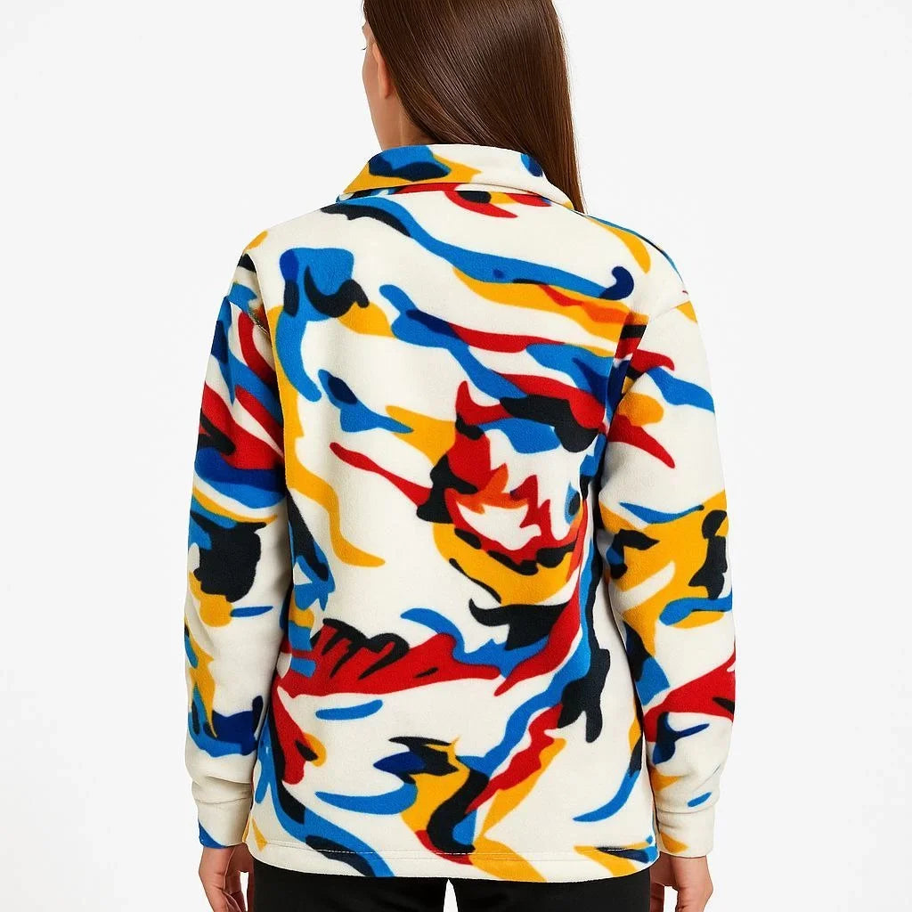 Kadın Yarım Fermuarlı Desenli Polar Sweat – Renkli Abstract Desen Yakalı, Uzun Kollu, Oversize Rahat Kalıp - Varsayılan