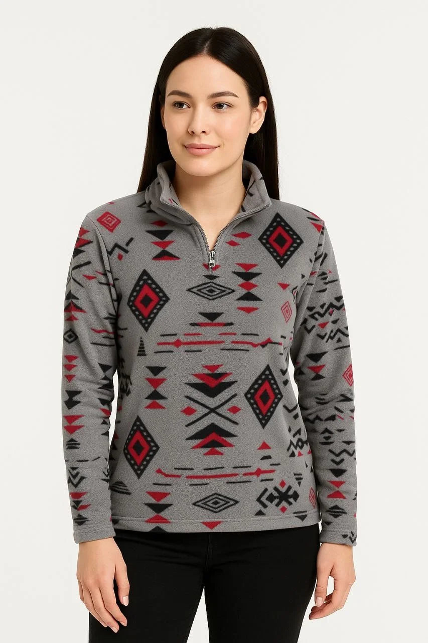Kadın Yarım Fermuarlı Desenli Polar Sweat Tribal Etnik Desen Yakalı, Uzun Kollu, Oversize Rahat Kalıp - Varsayılan