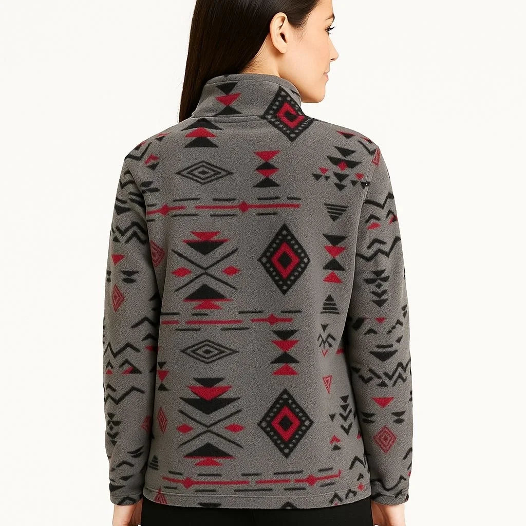 Kadın Yarım Fermuarlı Desenli Polar Sweat Tribal Etnik Desen Yakalı, Uzun Kollu, Oversize Rahat Kalıp - Varsayılan