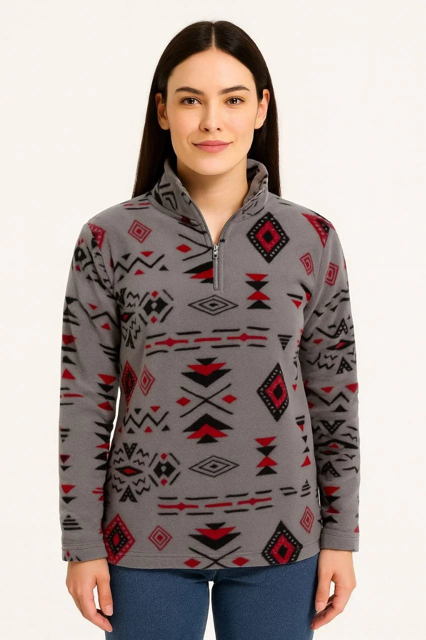 Kadın Yarım Fermuarlı Desenli Polar Sweat Tribal Etnik Desen Yakalı, Uzun Kollu, Oversize Rahat Kalıp - Varsayılan