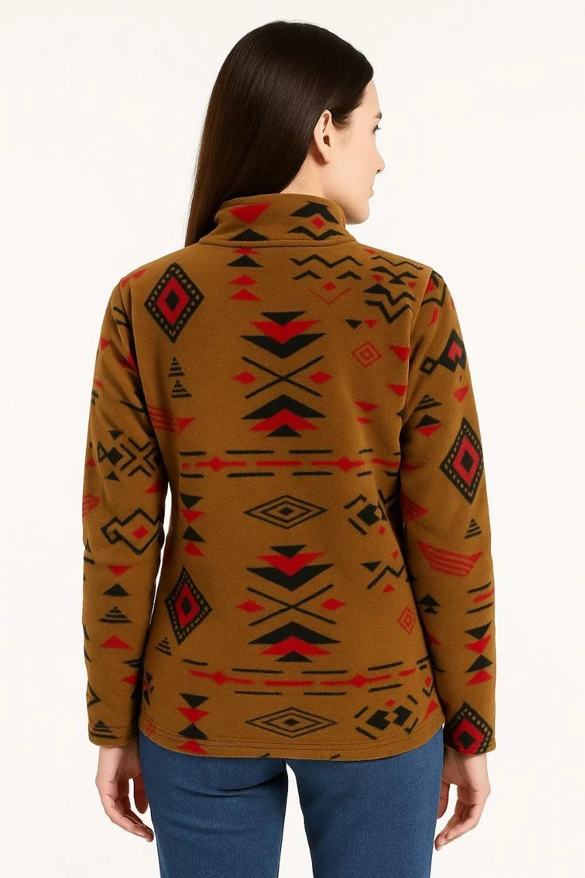 Kadın Yarım Fermuarlı Desenli Polar Sweat Tribal Etnik Desen Yakalı, Uzun Kollu, Oversize Rahat Kalıp - Varsayılan