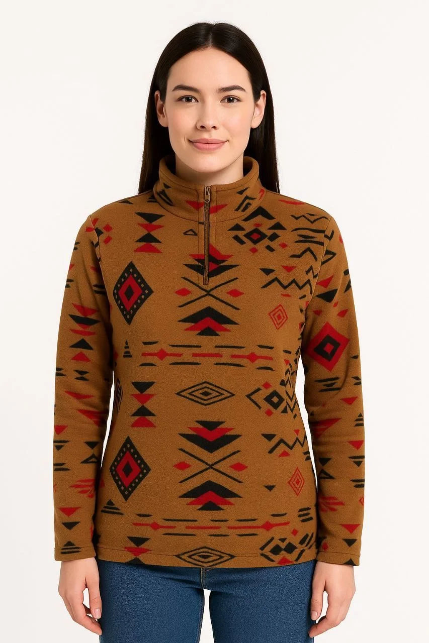 Kadın Yarım Fermuarlı Desenli Polar Sweat Tribal Etnik Desen Yakalı, Uzun Kollu, Oversize Rahat Kalıp - Varsayılan