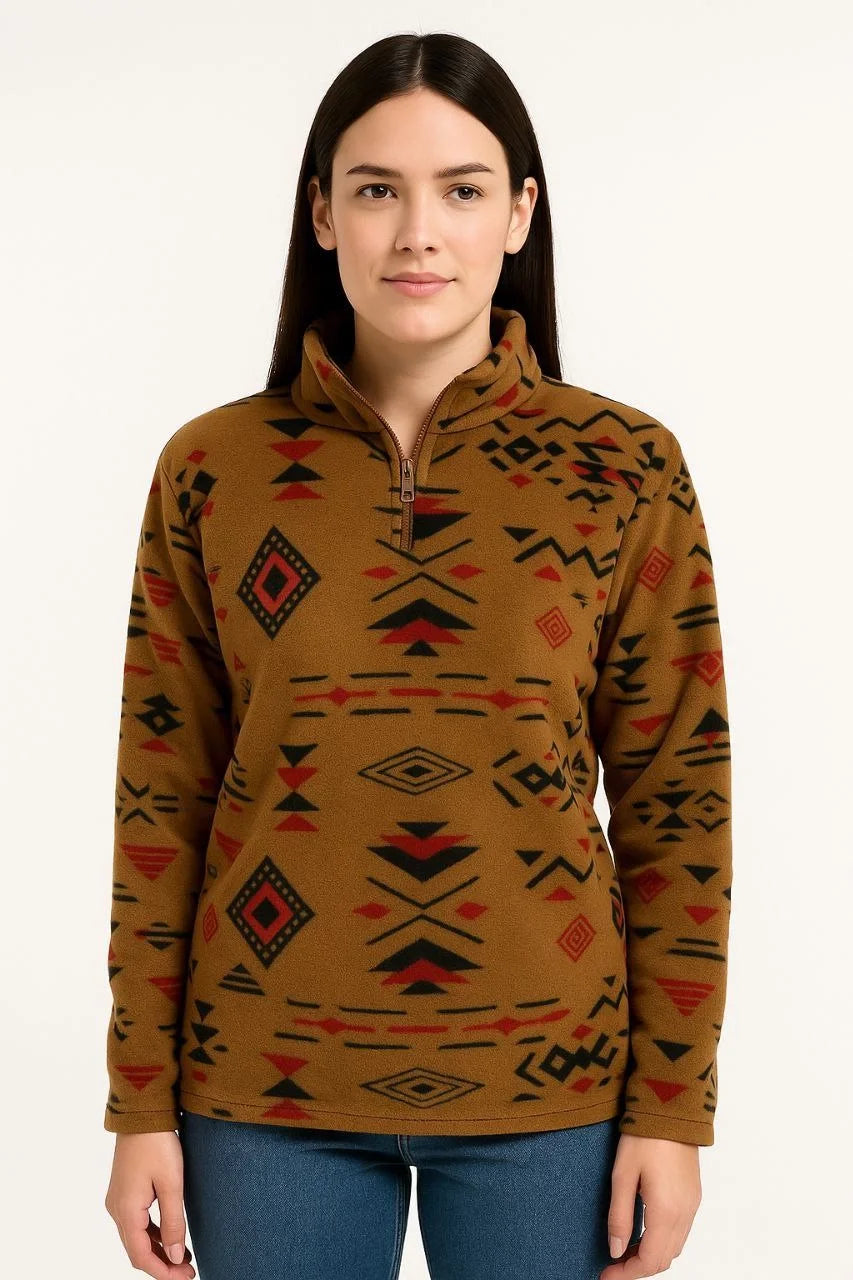 Kadın Yarım Fermuarlı Desenli Polar Sweat Tribal Etnik Desen Yakalı, Uzun Kollu, Oversize Rahat Kalıp - Varsayılan
