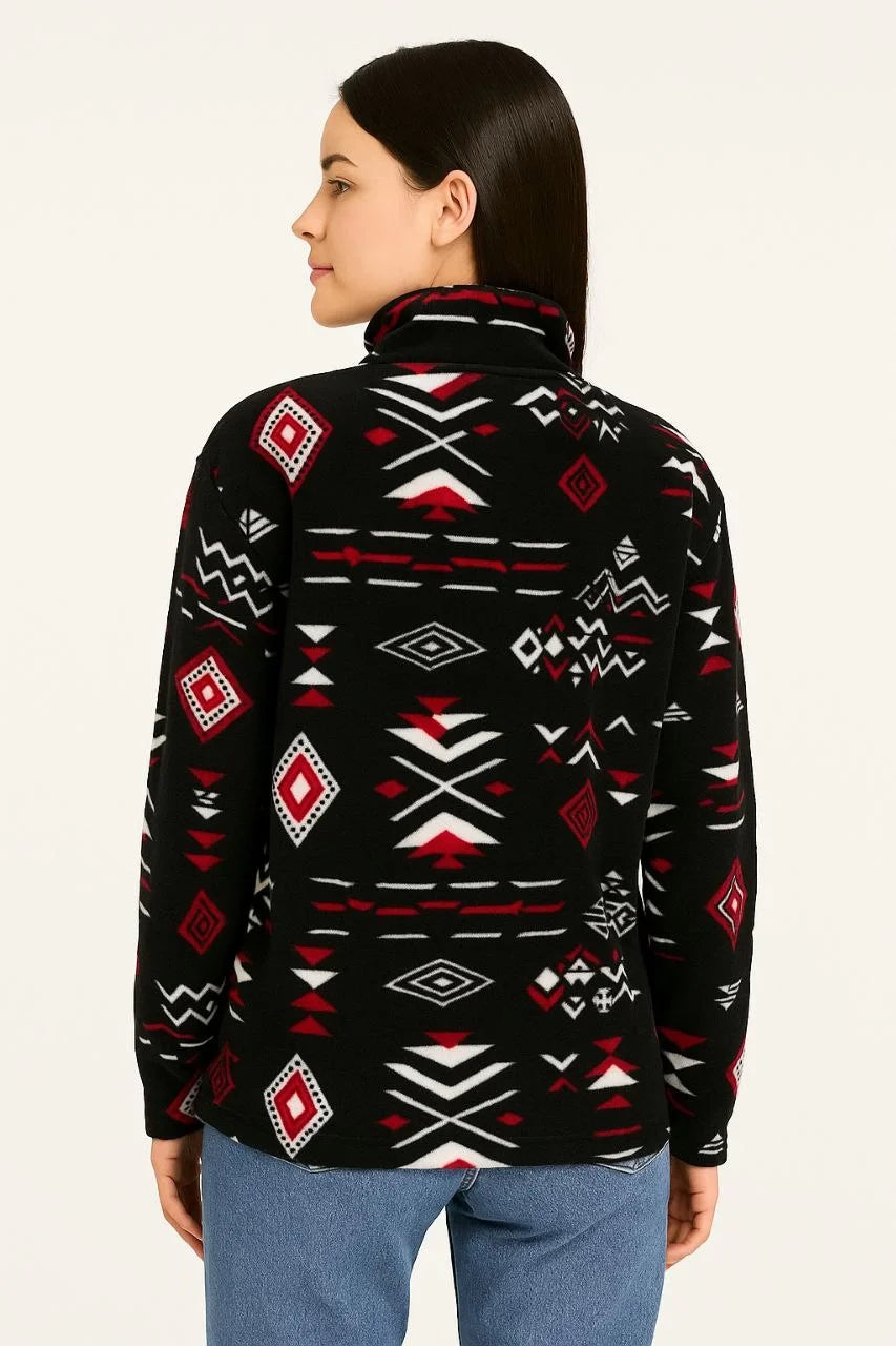 Kadın Yarım Fermuarlı Desenli Polar Sweat Tribal Etnik Desen Yakalı, Uzun Kollu, Oversize Rahat Kalıp - Varsayılan