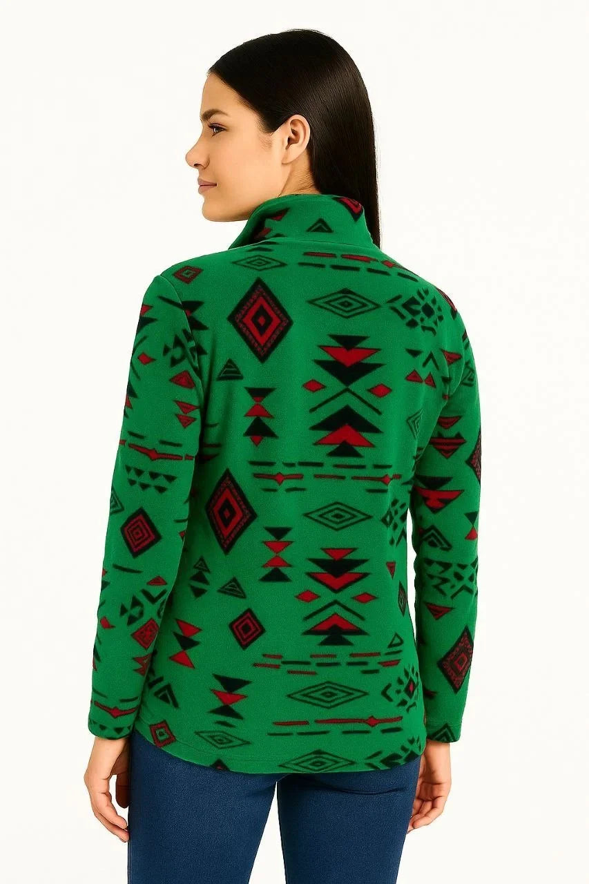 Kadın Yarım Fermuarlı Desenli Polar Sweat Tribal Etnik Desen Yakalı, Uzun Kollu, Oversize Rahat Kalıp - Varsayılan