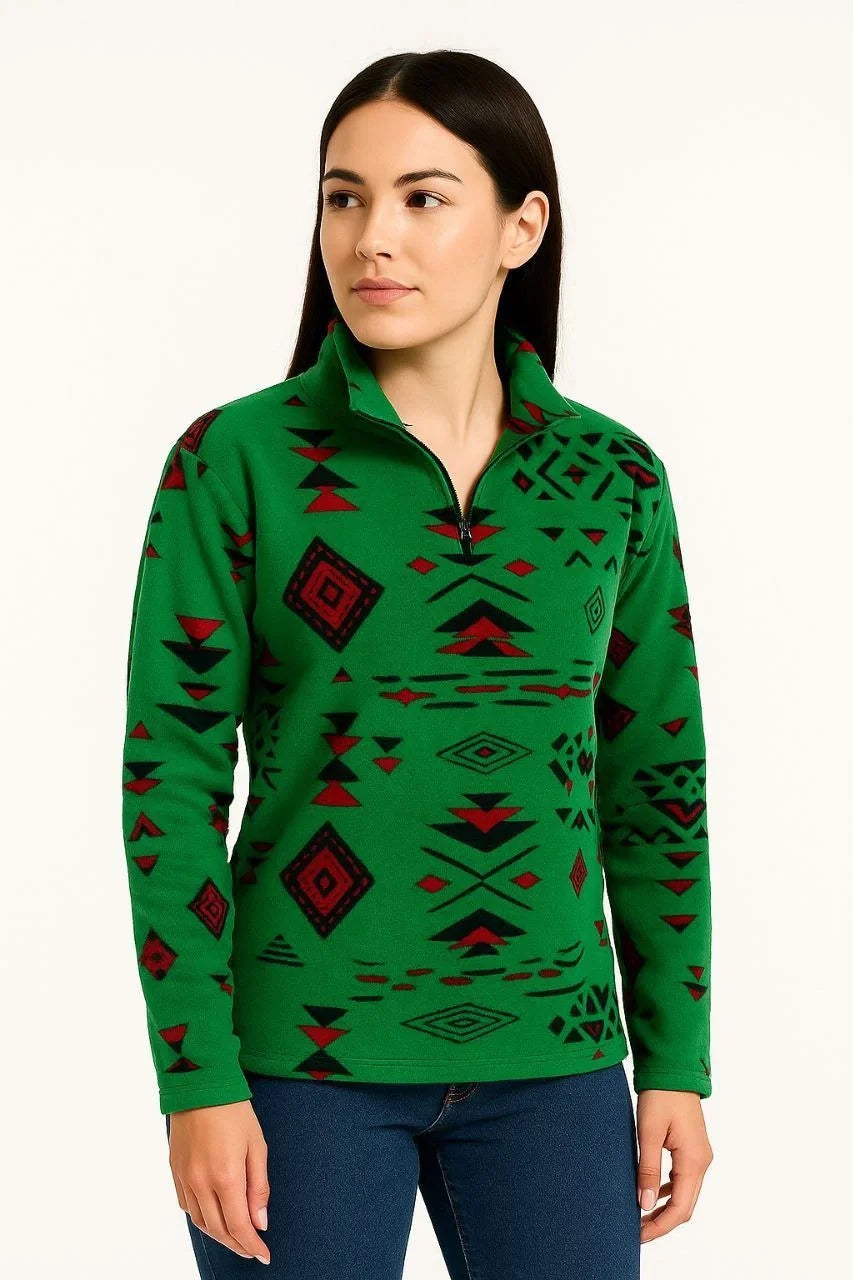 Kadın Yarım Fermuarlı Desenli Polar Sweat Tribal Etnik Desen Yakalı, Uzun Kollu, Oversize Rahat Kalıp - Varsayılan