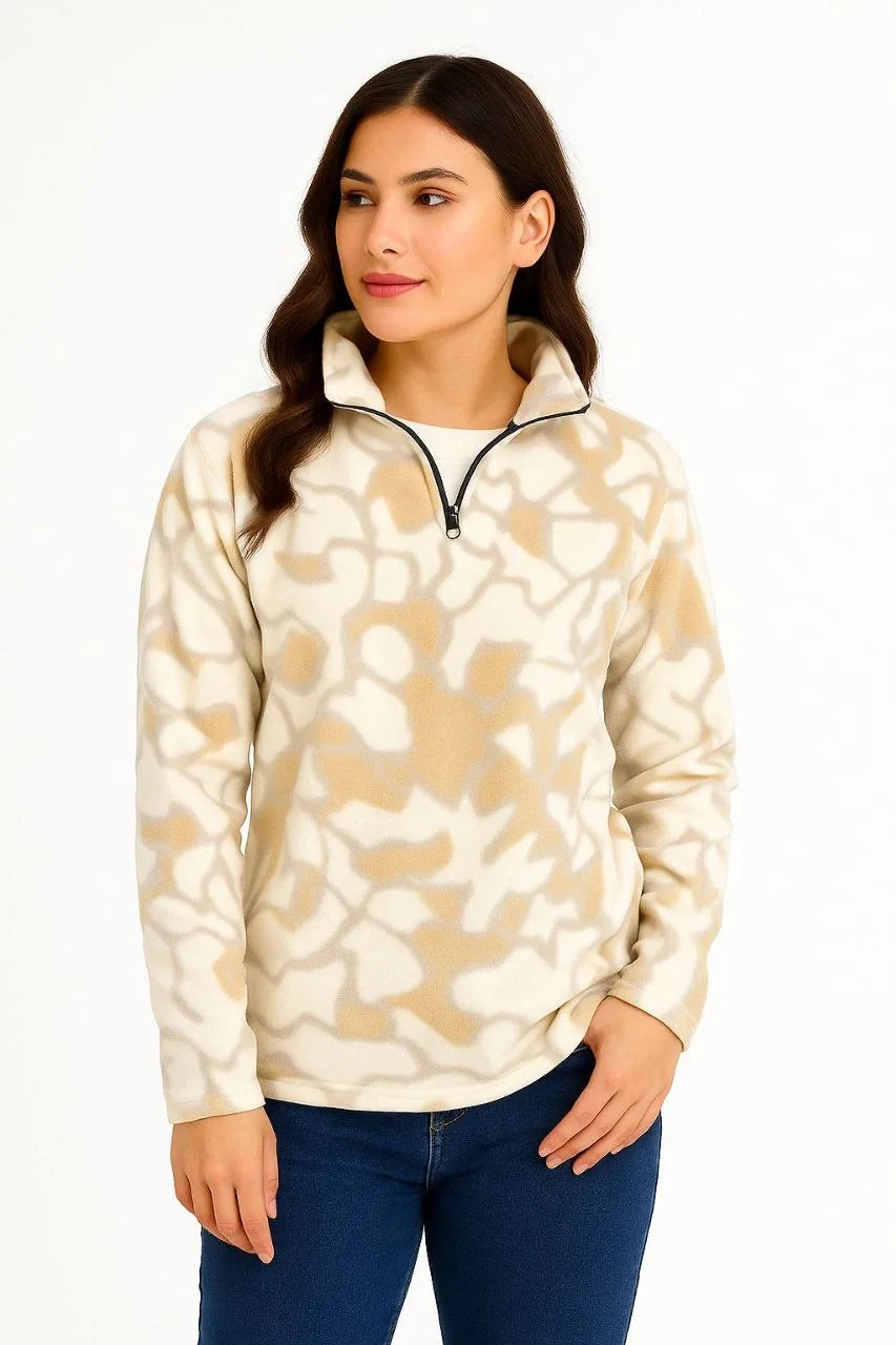KADIN Yarım Fermuarlı Desenli Polar Sweat Yakalı, Uzun Kollu, Oversize Rahat Kalıp - Varsayılan