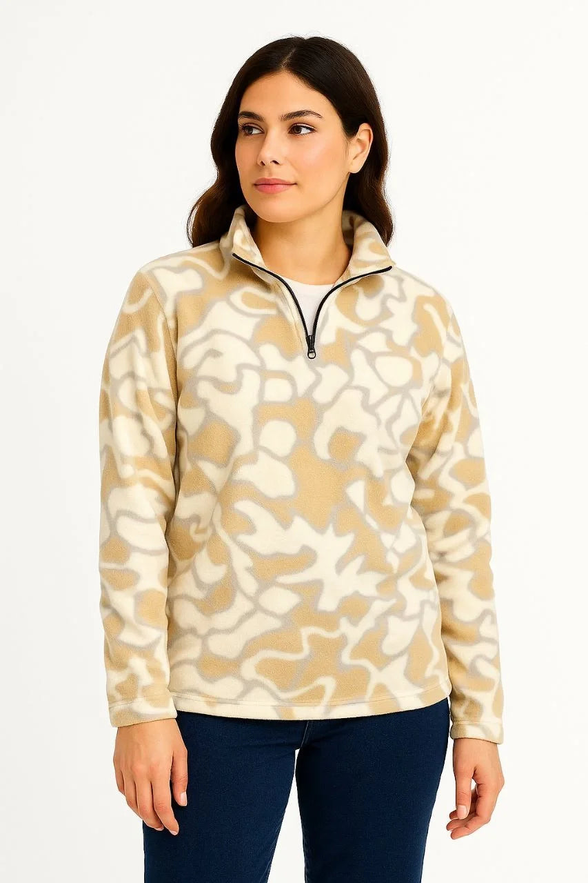 KADIN Yarım Fermuarlı Desenli Polar Sweat Yakalı, Uzun Kollu, Oversize Rahat Kalıp - Varsayılan