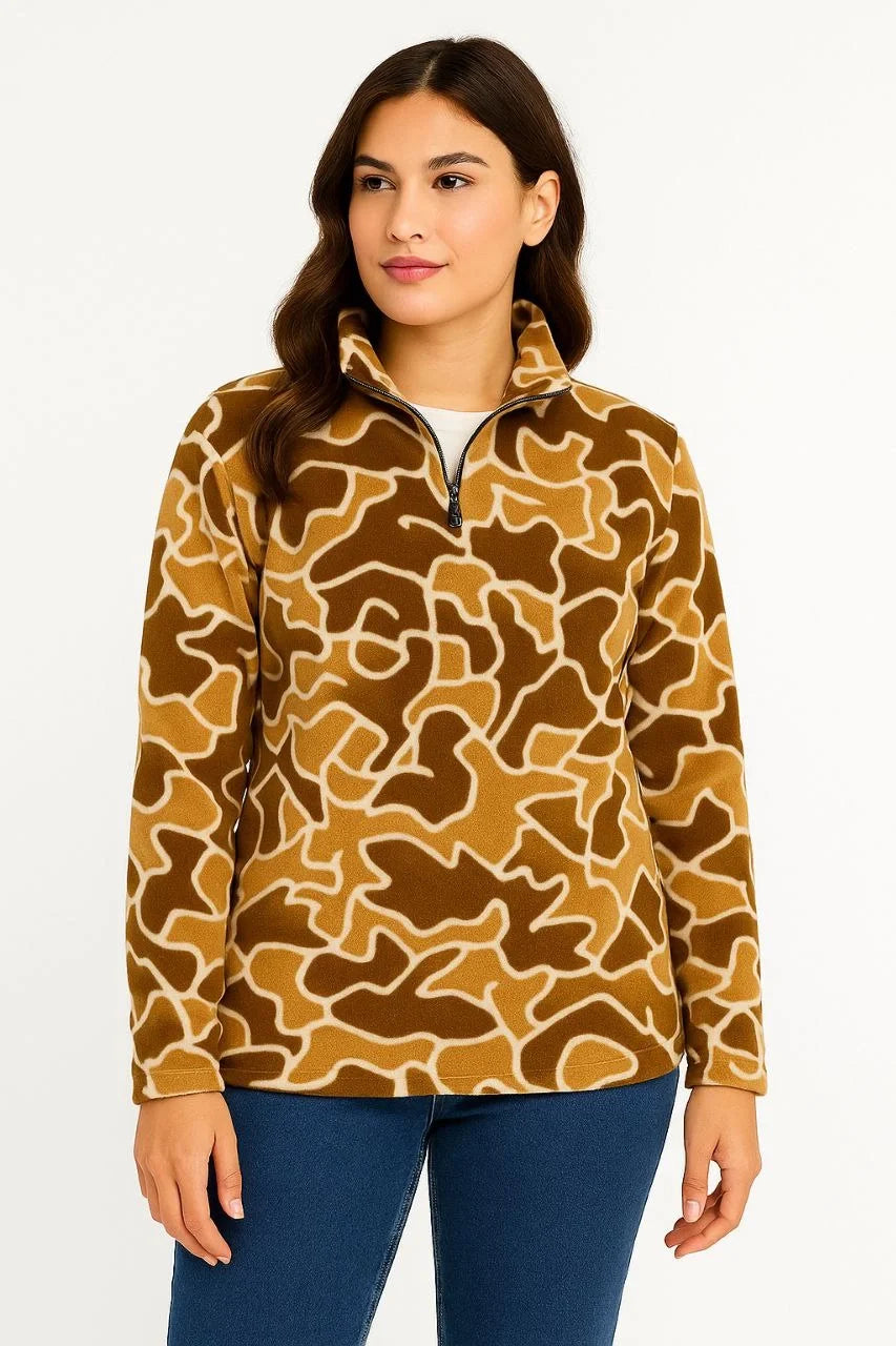 KADIN Yarım Fermuarlı Desenli Polar Sweat Yakalı, Uzun Kollu, Oversize Rahat Kalıp - Varsayılan